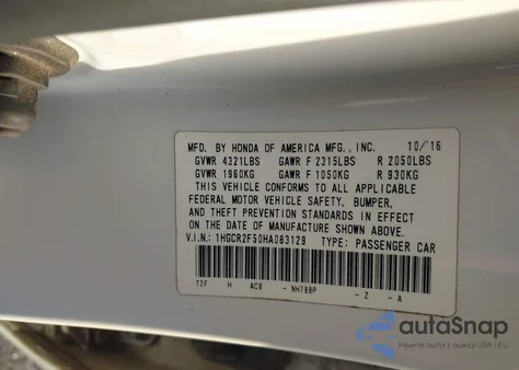 2017 Honda Accord Sport из США, поврежденный, VIN 1HGCR2F50HA083129